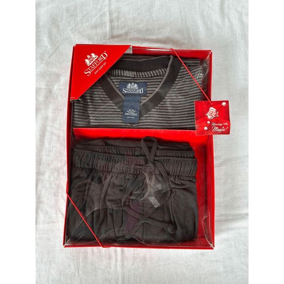 Men's Stafford 100% Cotton Christmas Sleep Set NIB, Size Medium Black/Gray - Picture 1 of 4